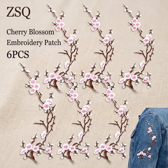 Cherry Blossom Embroidery Patches Iron On Sew On Sakura Floral Applique Patch Set for Jeans Jacket Backpack DIY Clothing Decoration (3/6Pcs, 15Inch)