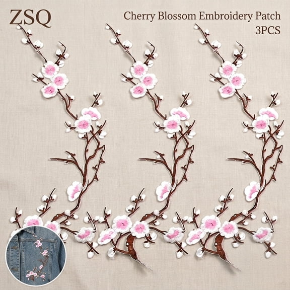 Cherry Blossom Embroidery Patches Iron On Sew On Sakura Floral Applique Patch Set for Jeans Jacket Backpack DIY Clothing Decoration (3/6Pcs, 15Inch)