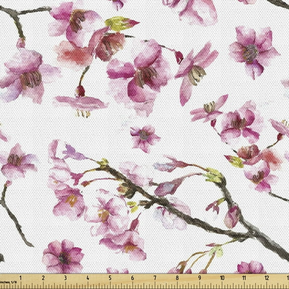 Ambesonne Cherry Blossom Fabric by the Yard Upholstery, Sakura Branch, 1 Yard, Hot Pink Green Brown