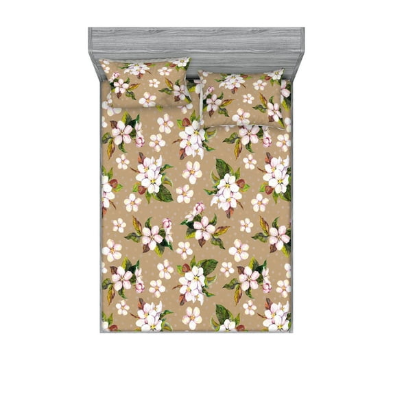 Cherry Blossom Fitted Sheet & Pillow Sham Set, Japanese Traditional Inspirations Flowers on Earthy Soft Back, Decorative Printed 3 Piece Bedding Decor, Calking, Forest Green Camel Rose, by Ambesonne