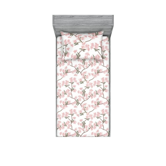 Cherry Blossom Fitted Sheet & Pillow Sham Set, Pastel Colored Pinkish Flowers on Spring Branches Soft Tones, Decorative Printed 2 Piece Bedding Decor, Twinxl, Blush Evergreen and Taupe, by Ambesonne