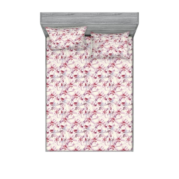Cherry Blossom Fitted Sheet & Pillow Sham Set, Sakura Blooming Petals Pastel Colored Asian Spring Garden Print, Decorative Printed 3 Piece Bedding Decor, Queen, Pale Pink and Magenta, by Ambesonne