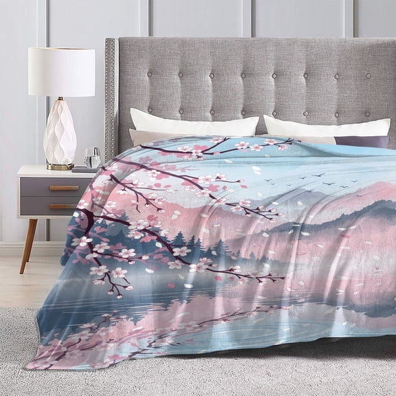 Cherry Blossom Flannel Throw Blanket, Pink Spring Floral Pattern Blanket, Ultra Soft Lightweight Cozy Blanket for Couch, Sofa, Bed, Bedroom Decor, Flower Lover Gift