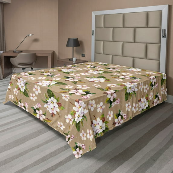 Cherry Blossom Flat Sheet, Japanese Traditional Inspirations Flowers on Earthy Soft Back, Soft Comfortable Top Sheet Decorative Bedding 1 Piece, Full Size, Forest Green Camel Rose, by Ambesonne