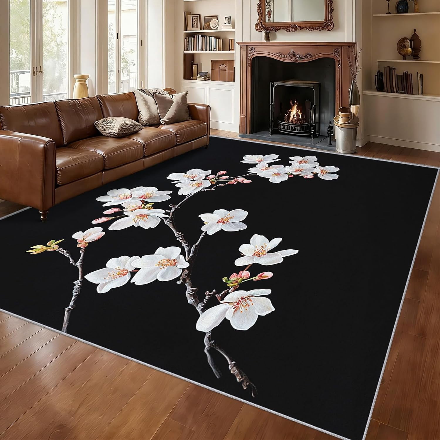 Pink Flowr Rug Pattern Cherry Blossom Floral Area Rugs, Pink Japanese Flower Pattern Carpet ...