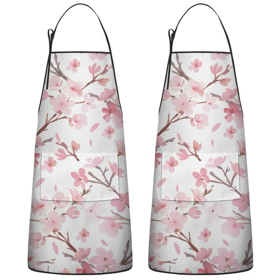 Cherry Blossom Floral Cooking Kitchen Aprons with Pocket Chemical Work Apron Waterproof Bib Apron for Birthday Gifts for Dad Step Cooking Aprons for Kitchen Cool BBQ Grilling (Set Of 2)