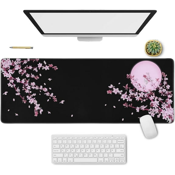 Cherry Blossom Floral Mouse Pad Black XL, Extended Large Mouse Pad, Kawaii Pink Black Mousepad, Moon Floral Long Big Desk Mouse Mat, Cherry Blossom Decor Stuff Accessories, 31.5 X 11.8 Inch