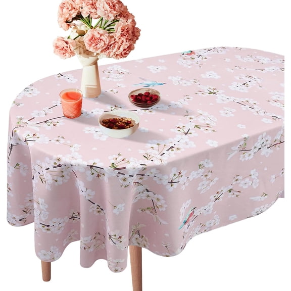 Cherry Blossom Floral Oval Tablecloth 60 x 84, Pink White Floral Spring Tablecloth Table Cover, Bird Table Cloths for Parties, Kitchen Dining Table, Polyester Fabric Flower Tablecloth, Floral Decor
