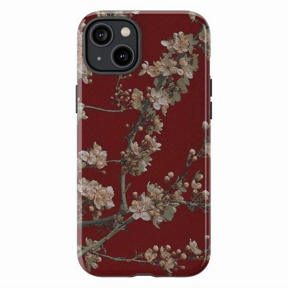 Cherry Blossom Floral Phone Case on Deep Red Background – Elegant Japanese Sakura Design for iPhone 16 15 14 13 12 11 Pro Max Mini