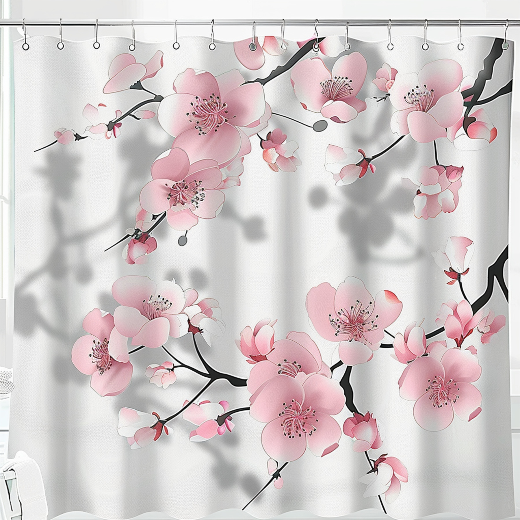 Cherry Blossom Floral Shower Curtain Grey Pink Flower Bathroom Decor