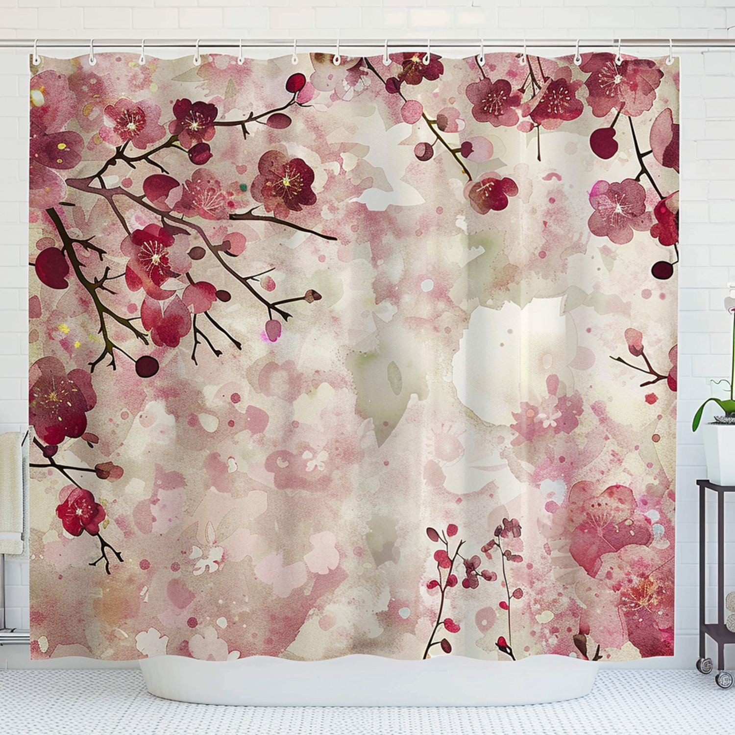 Cherry Blossom Floral Shower Curtain Vintage Grunge Design Soft Pastel