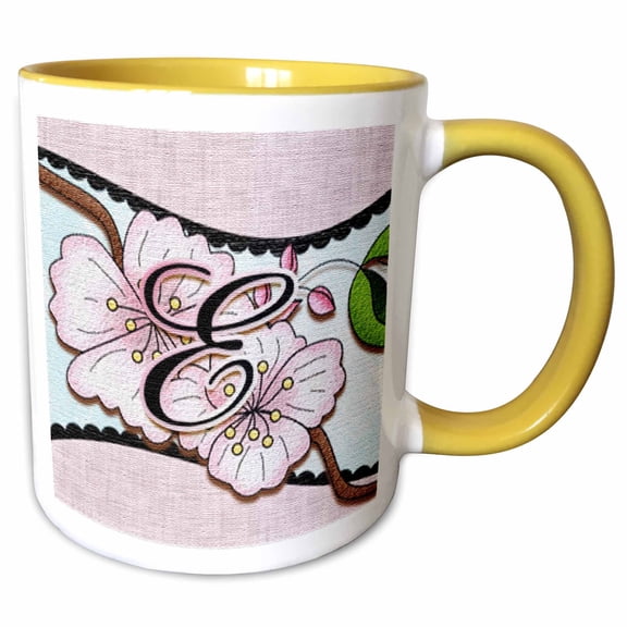 3drose, Cherry Blossom Flower Monogram Initial E, 11oz Two-tone Yellow Mug