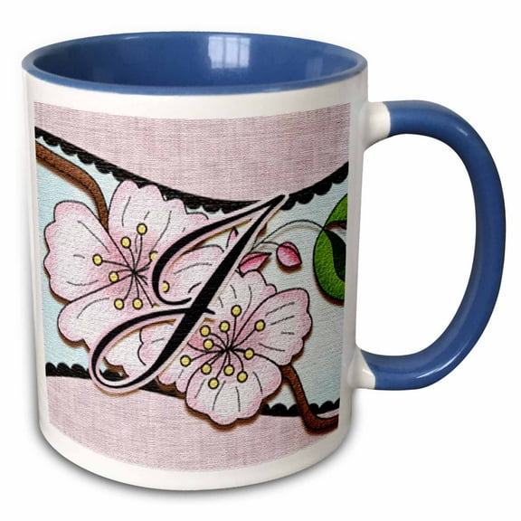 3drose, Cherry Blossom Flower Monogram Initial J, 15oz Two-tone Blue Mug