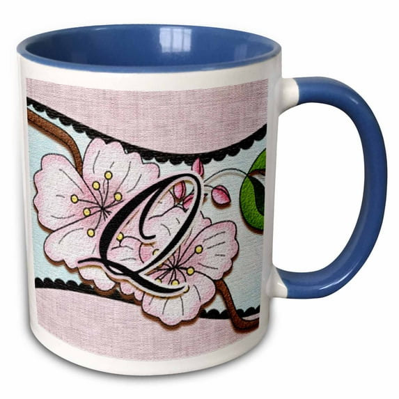 3drose, Cherry Blossom Flower Monogram Initial Q, 15oz Two-tone Blue Mug