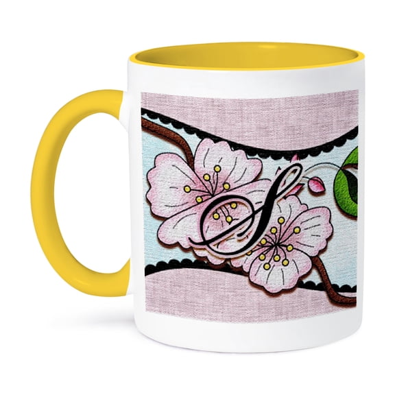 Cherry Blossom Flower Monogram Initial S, 15oz Two-Tone Yellow Mug