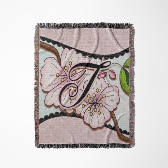 Cherry Blossom Flower Monogram Initial T, Woven Blanket
