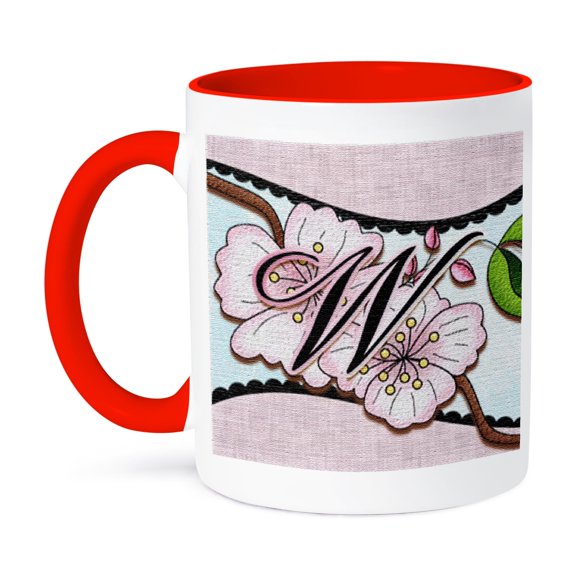 Cherry Blossom Flower Monogram Initial W, 11oz Two-Tone Red Mug