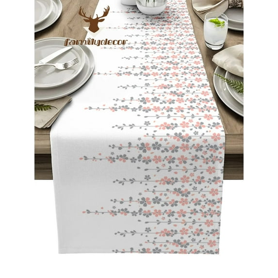 Cherry Blossom Flower Spring Pink Grey Table Runner Home Wedding Table Mat Centerpieces Decoration Party Dining Long Tablecloth