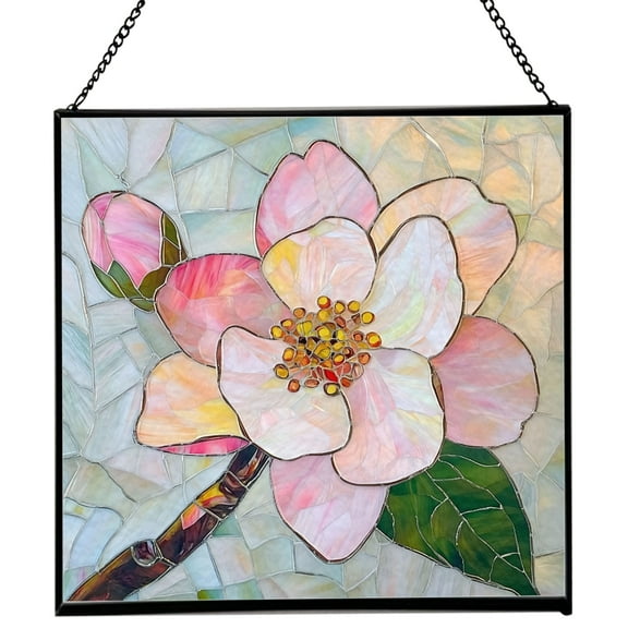 Cherry Blossom Flower Stained Glass Panels, Square Shaped Window Hangings, Tiffany Glass Traditional Art Crafts for Home Decor Gifts 131OR8