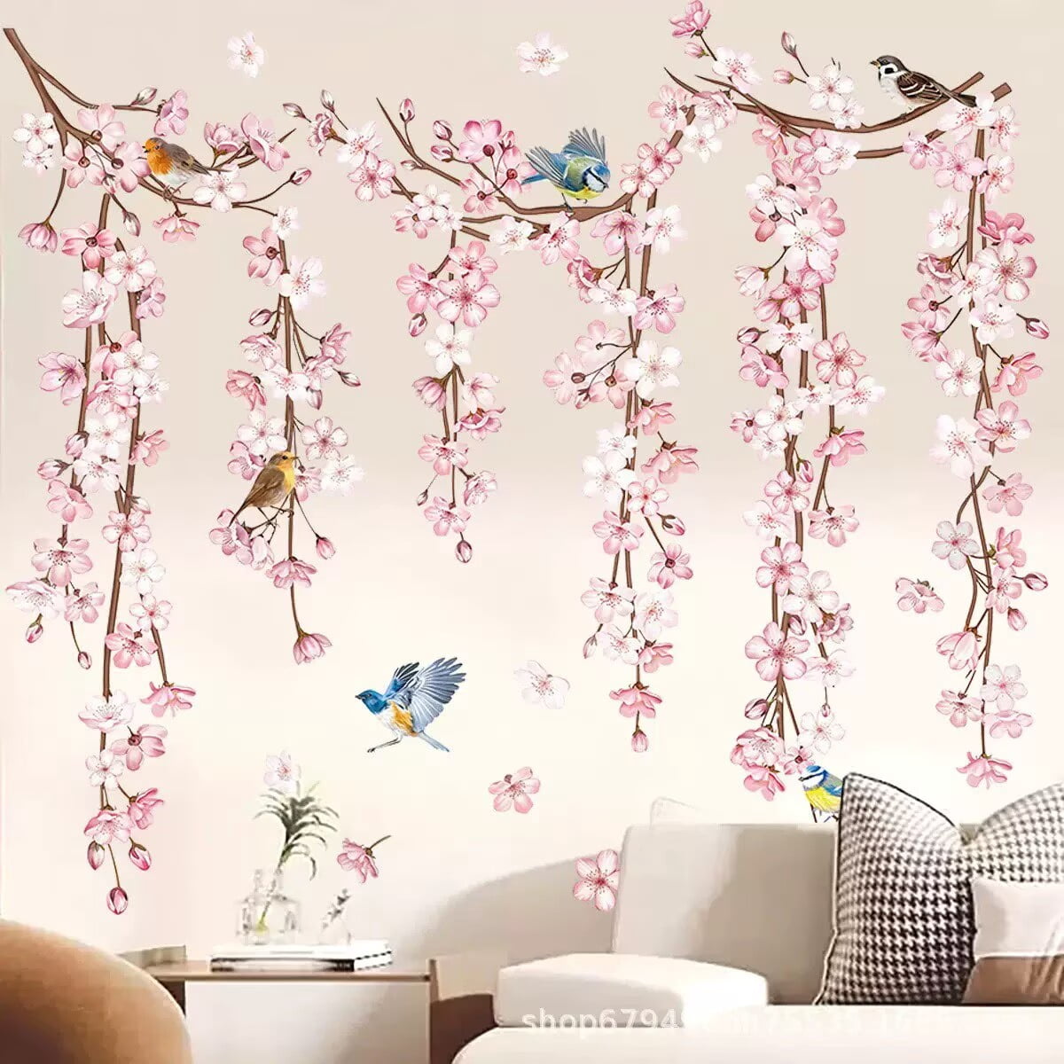 Cherry Blossom Flower Vine Wall Stickers Pink Hanging Floral Tree ...