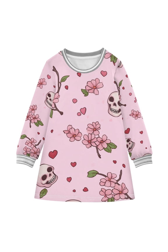 Cherry Blossom Flowers Skulls Hearts Valentine Long-sleeved Dress A-line One-Piece Dress for 2-8 Years Casual Party 4T