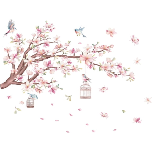 Cherry Blossom Flowers Wall Decals Decor Vinyl Stickers, Magnolia Floral Tree Branch Birds Wall Art Murals, Flower Pattern Wall Stickers for Girls Bedroom Living Room Nursery Decor