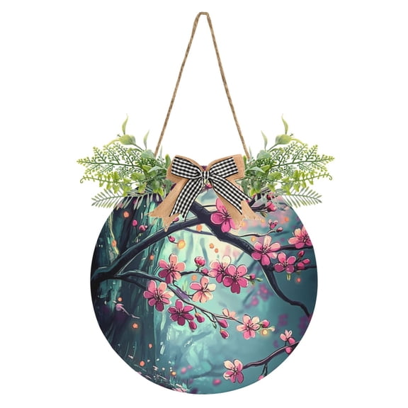 Cherry Blossom Forest Scene Front Door Porch Decoration Hanging Sign with Artificial Green Plants and Bow for Home Outdoor Indoor
