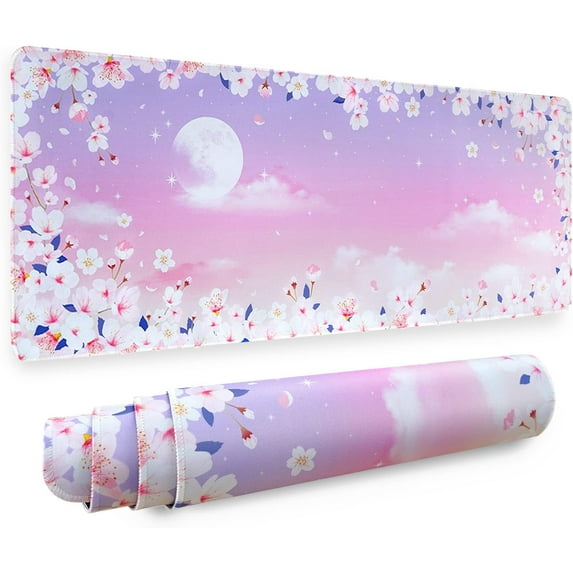 Cherry Blossom Gaming Mouse Pad for Desk XL Extended, Aesthetics Star Moon Cloud Floral Pastel Purple Pink Desk Pad Large Keyboard Desk Mat, Kawaii Cute Desk Accessories Decor Stuff, 31.5 X 11.8 Inch