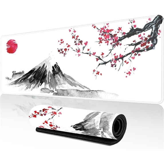Cherry Blossom Gaming Mouse Pad - Large Mouse Pad for Desk, 31.5x11.8 Inch Japanese Mouse Pad, Non-Slip Waterproof Desk Mat, Office Desk Mat with Stitched Edges