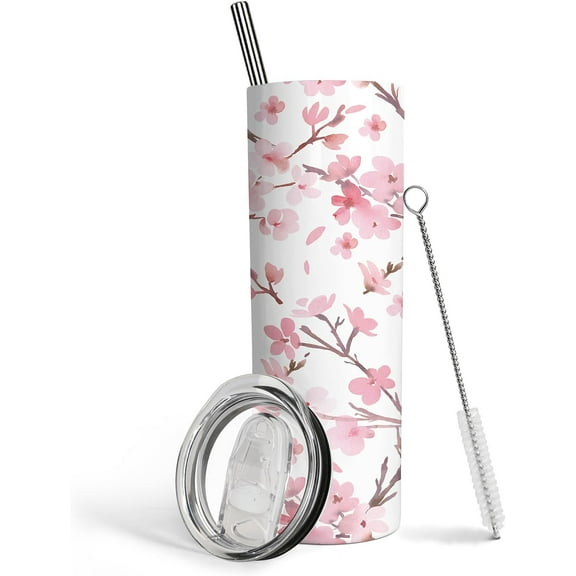 Cherry Blossom Gifts for Women,Tumbler With Lid And Straw, 20oz Cherry Blossom Stainless Steel Cup,Insulated Water Bottle Coffee Wine Tea Travel Mug Pink Tumbler