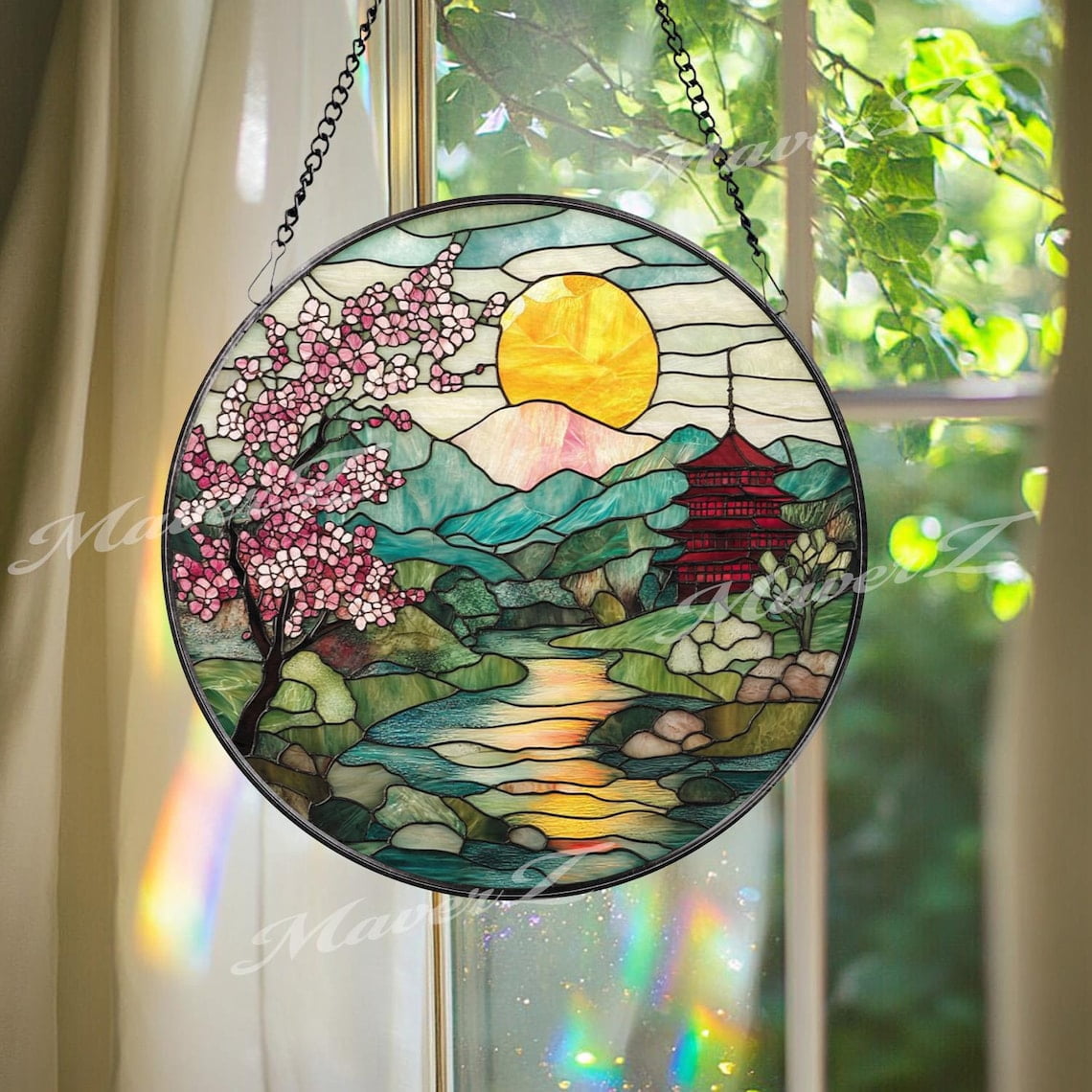 Cherry Blossom Glass Suncatcher, Japanese Sunrise Pagoda Window Decor ...