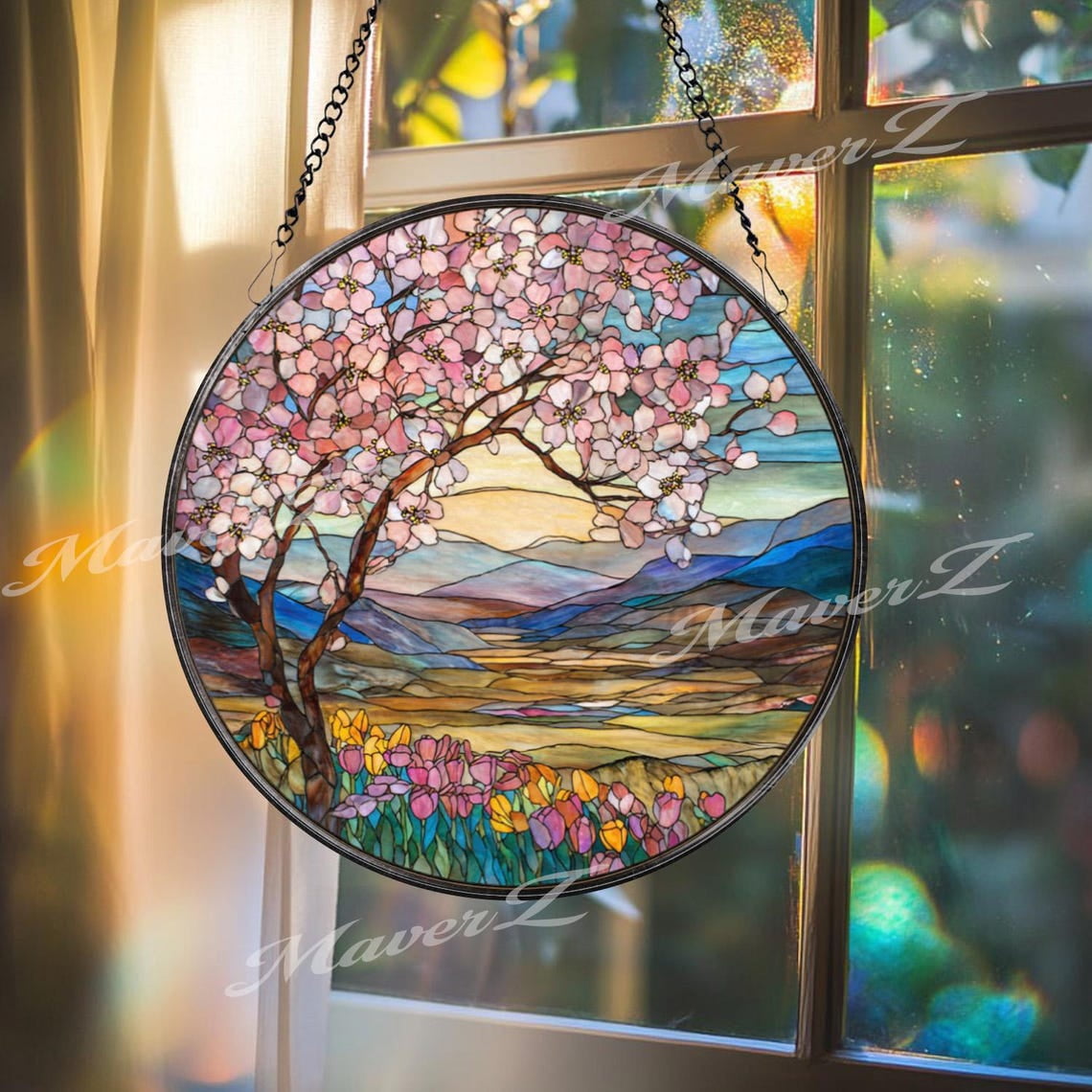Cherry Blossom Glass Suncatcher, Round Spring Landscape, Mountain ...