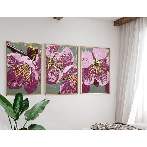 Cherry Blossom Graphic Floral Style Wall Art Version 2 Set 3 Unframed ...