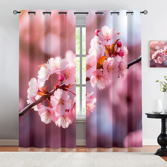 Cherry Blossom Grommet Curtains For Girls Bedroom, Pink Floral Blackout Curtains, 3D Printing Grommet Window Drapes For Living Room Dorm Room 21"W x 45"L (Pack of 2)