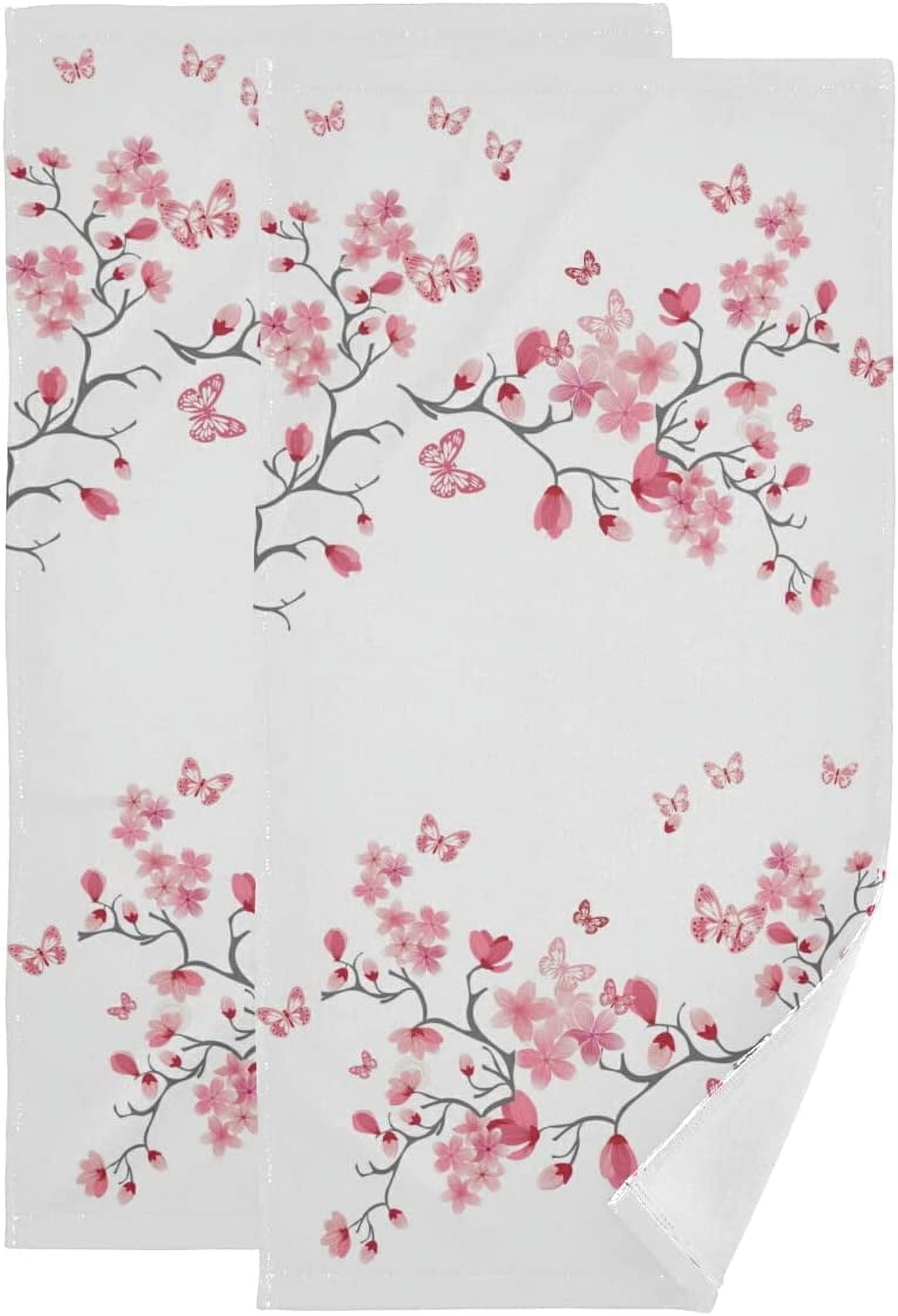 Cherry Blossom Hand Towel Set of 2 Absorbent Pink Butterfly Floral Bath Towels Soft Cherry Blossoms Flower Fingertip Face Towel for Bathroom Kitchen Hotel Spa Decor Gift 28.3x14.4 Inch