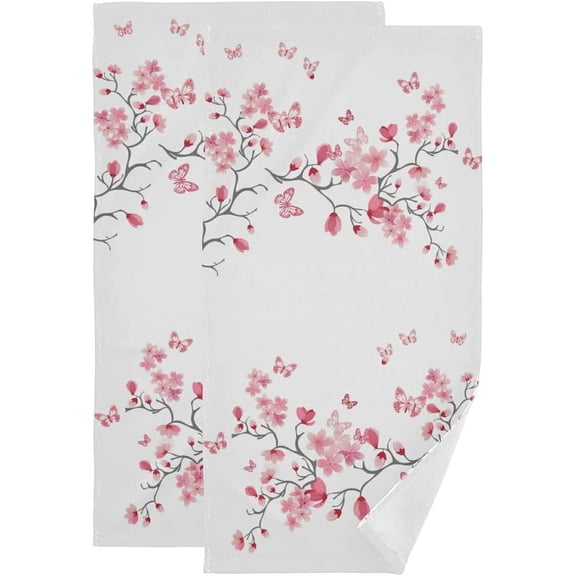 Cherry Blossom Hand Towel Set of 2 Absorbent Pink Butterfly Floral Bath Towels Soft Cherry Blossoms Flower Fingertip Face Towel for Bathroom Kitchen Hotel Spa Decor Gift 28.3x14.4 Inch