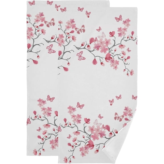 Cherry Blossom Hand Towels for Bathroom Set of 2 Pink Butterfly Floral Watercolor Flower Kitchen Towels Soft Absorbent Decorative Fingertip Towels Face Towel 16"x28"