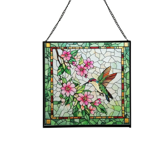 Cherry Blossom and Hummingbirds Stained Glass Panels Window Hangings Tiffany Glass Traditional Art Crafts for Home Decor Gifts Square design, 8in 74OR7