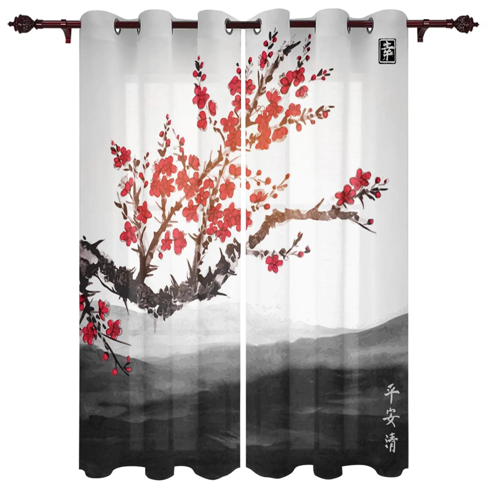 Cherry Blossom Ink Valance Window Curtains For Living Room Bedroom ...