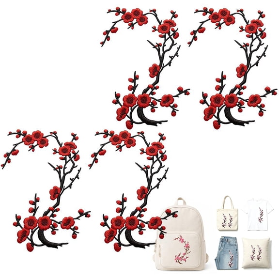 Cherry Blossom Iron On Patch, Embroidered Flower Applique with Branch Design for Jacket Jeans Backpack Tote Bag DIY Decoration