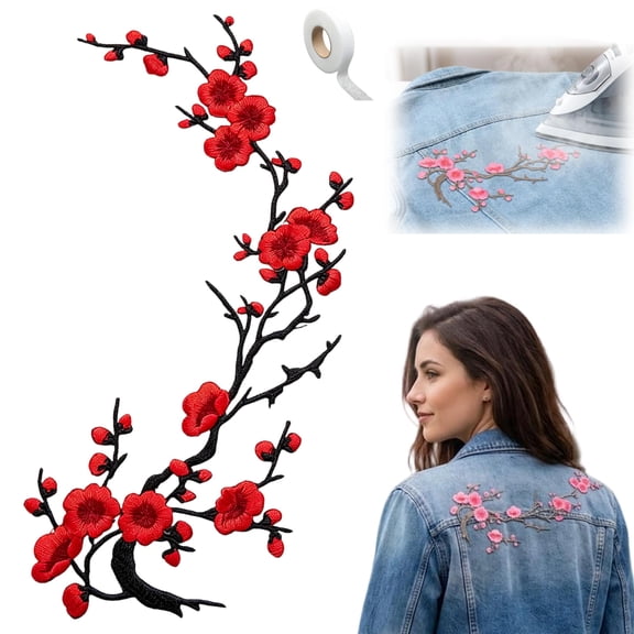 Cherry Blossom Iron Patch, Embroidered Floral Vine Appliques, Iron on or Sew on Patches for Wedding Dress Decoration, Clothing Repair, and DIY Crafts
