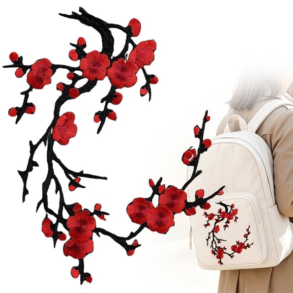 Cherry Blossom Iron Patch, Embroidered Iron On or Sew On Flower Applique with Branch Design for Backpack, Jacket, Jeans, Tote Bag, Dress and DIY Decoration, Red