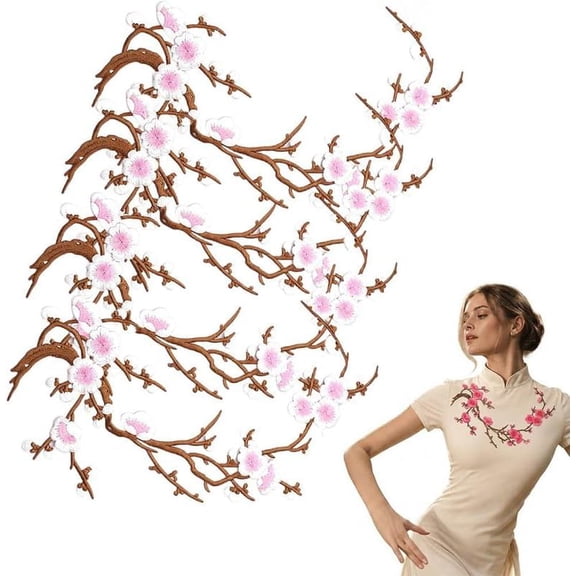 Cherry Blossom Iron on Patch Floral Sew on Clothing DIY Decor, Hot Melt Adhesive Backing,Fine Embroidery, Multi-Scene Match,Iron/Sew Application,Fabric Surface Repair Accessory