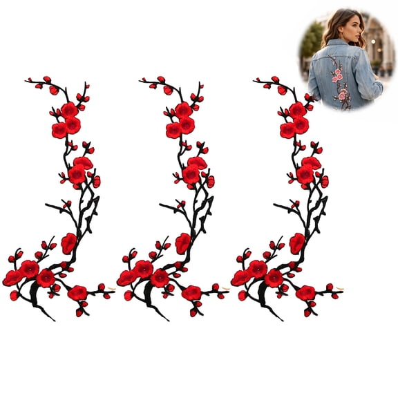 Cherry Blossom Iron Patch,Iron On Blossom Plum Applique Patch Embroidery Flower Vines, Patches for Backpacks,Appliques DIY Trim for Jeans Garment Cos, for Hats, Shirts, Shoes, Jeans(Red,3pcs)