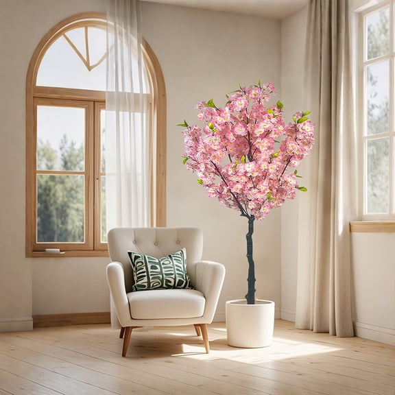 Cherry Blossom, Ironwood Artificial Plants, Artificial Cherry Blossom Tree, Tall Potted Faux Cherry Blossom Tree Plants 5/6FT Garden Artificial Plant, 5 Trunks Tall Faux Greenery Tree
