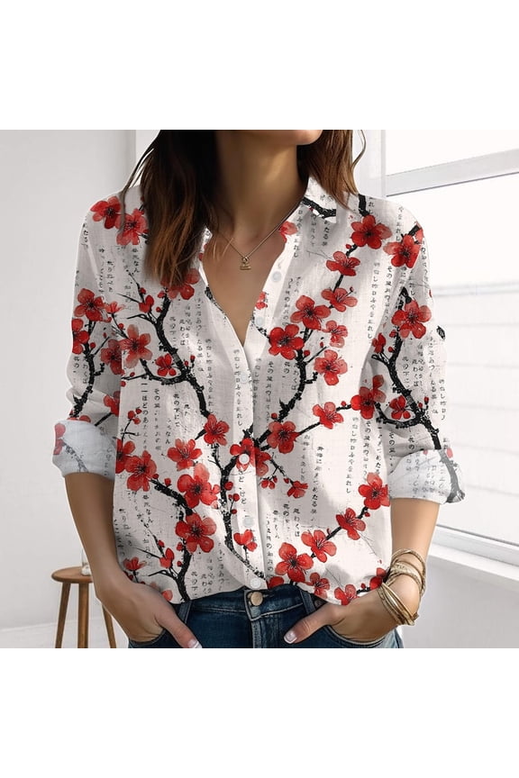 Cherry Blossom Japanese Linen-Look Shirt, Floral Flower Women Shirt, Asian Inspired Blouse Top, Cherry Blossom Shirt, Vacation Gifts