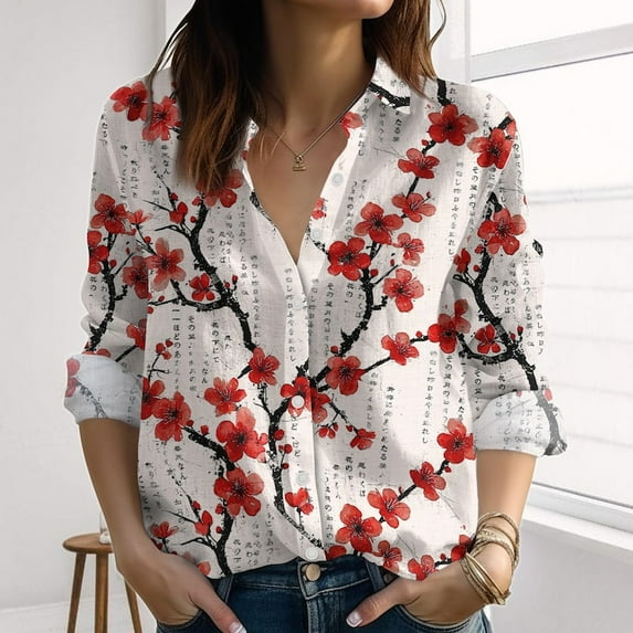 Cherry Blossom Japanese Linen-Look Shirt, Floral Flower Women Shirt, Asian Inspired Blouse Top, Cherry Blossom Shirt, Vacation Gifts