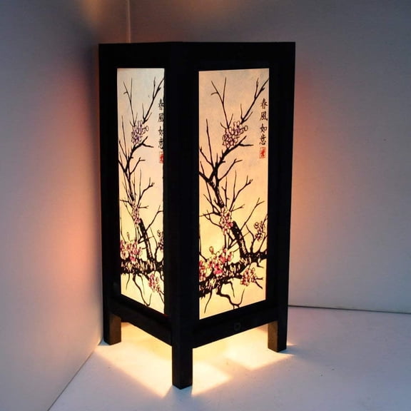 -Cherry Blossom Japanese Oriental Lamp, Handmade 11" Wood Table Lamp, Asian Vintage Lighting for Home Dcor GW45
