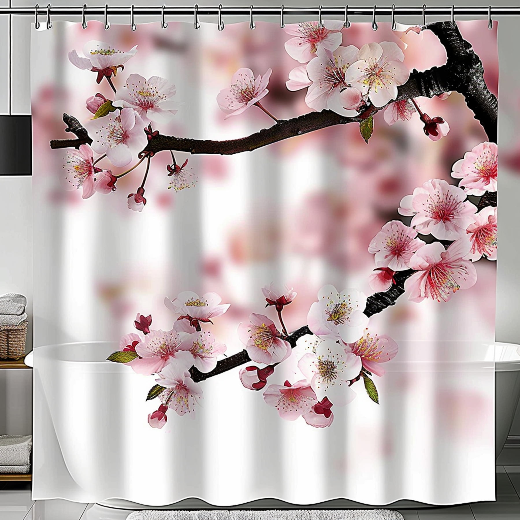 Cherry Blossom Japanese Style Shower Curtain White Background Pink ...