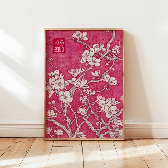 Cherry Blossom Japanese Textile Pink Floral Asian Botanical Fabric Decor, Unframed Poster